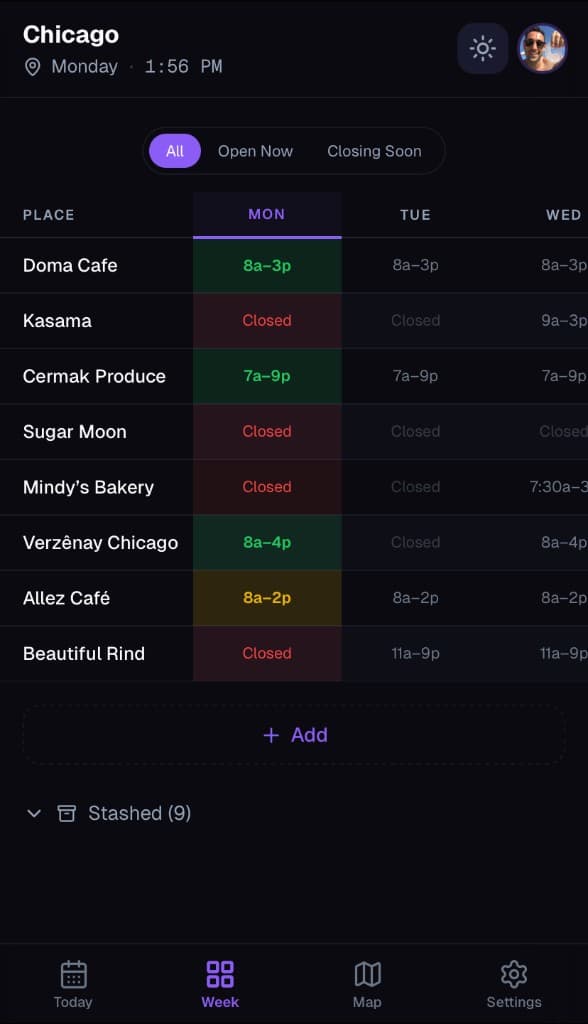OpenNow app showing live restaurant hours in Chicago